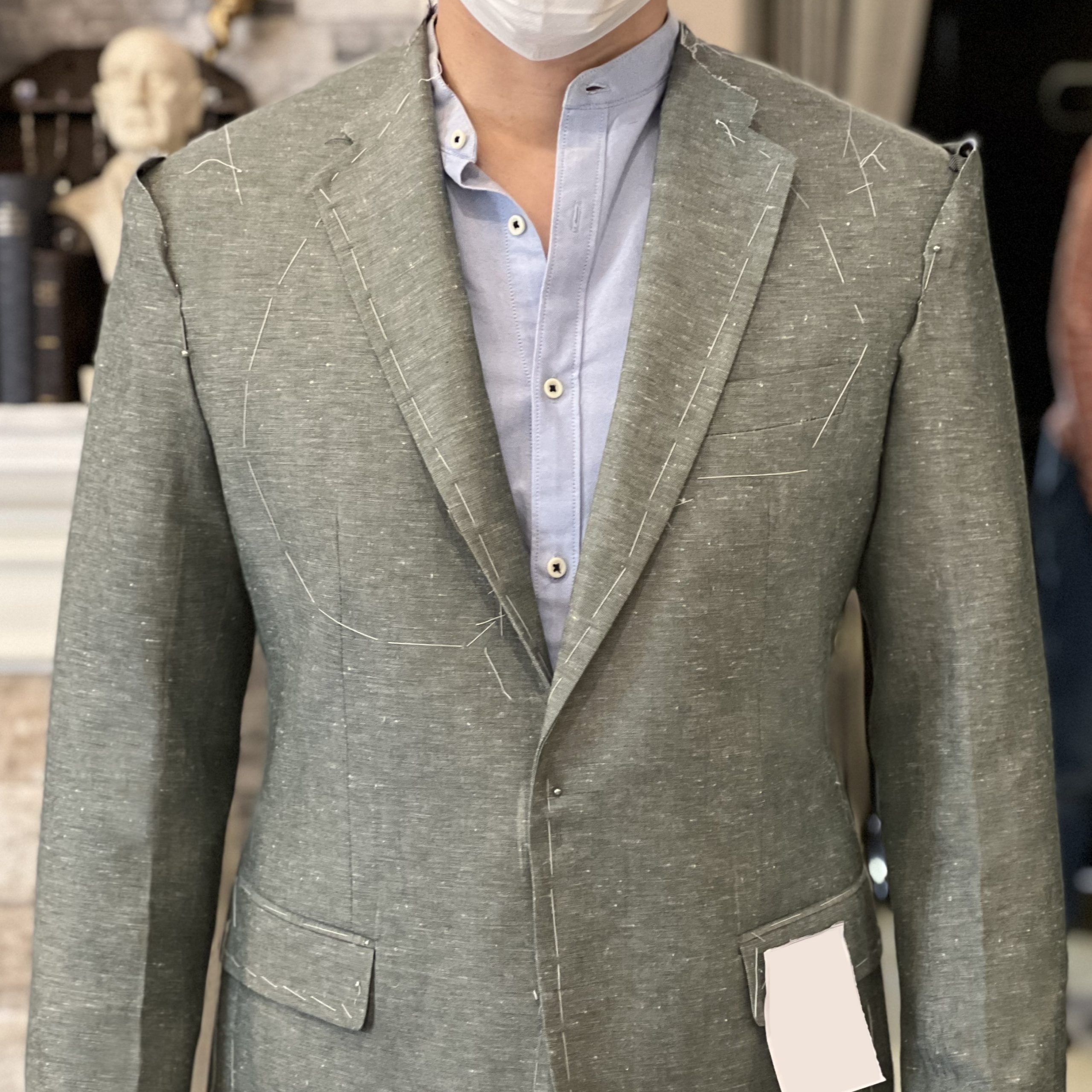 Fitting: ตัดสูท Green Cotton Linen Blazer: สูทสไตล์ แคชชวลคลาสสิค 1 fitting green cotton linen blazer dgrie
