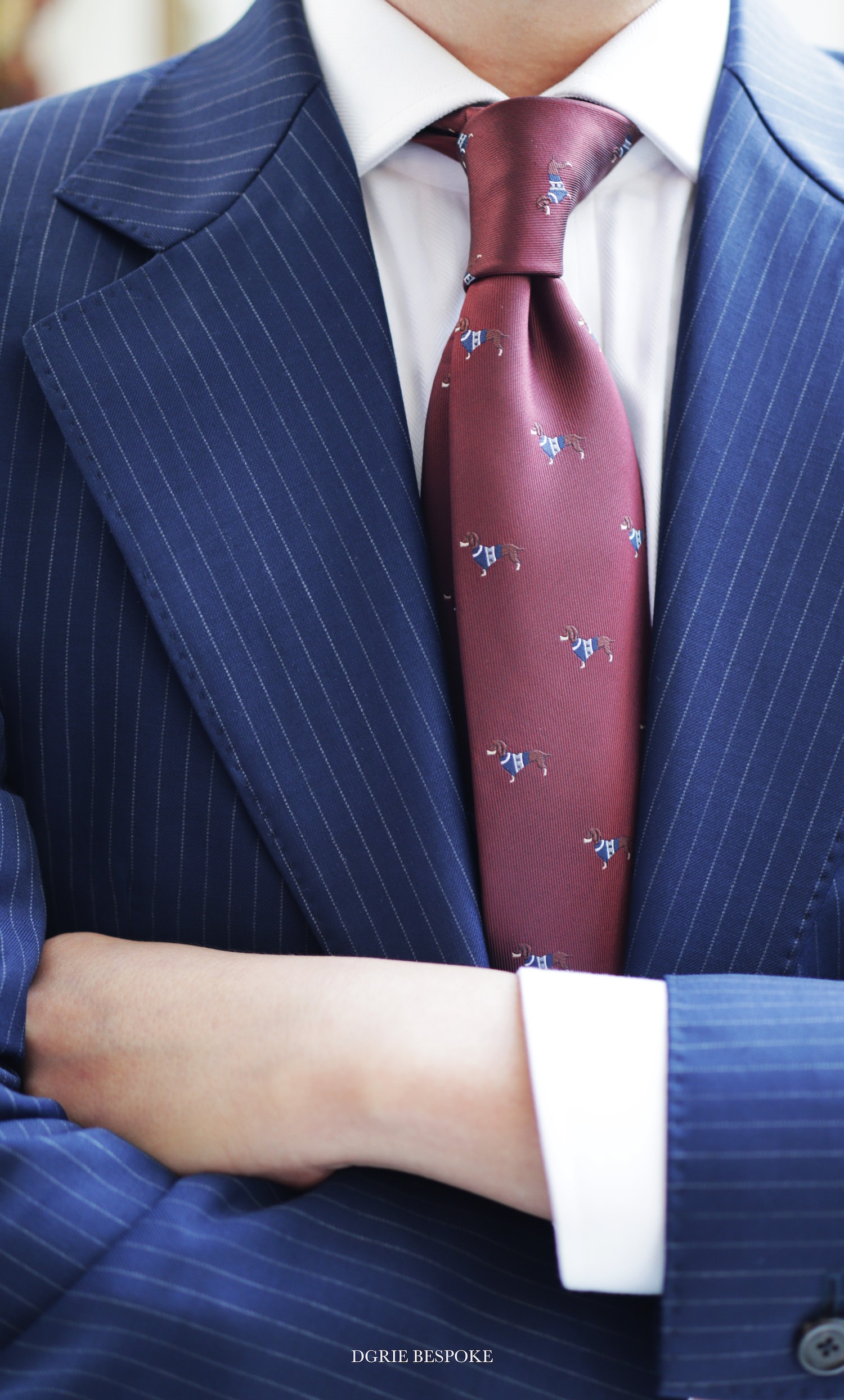 bespoke navy stripe suit x red wine puppy tie dgrie 1