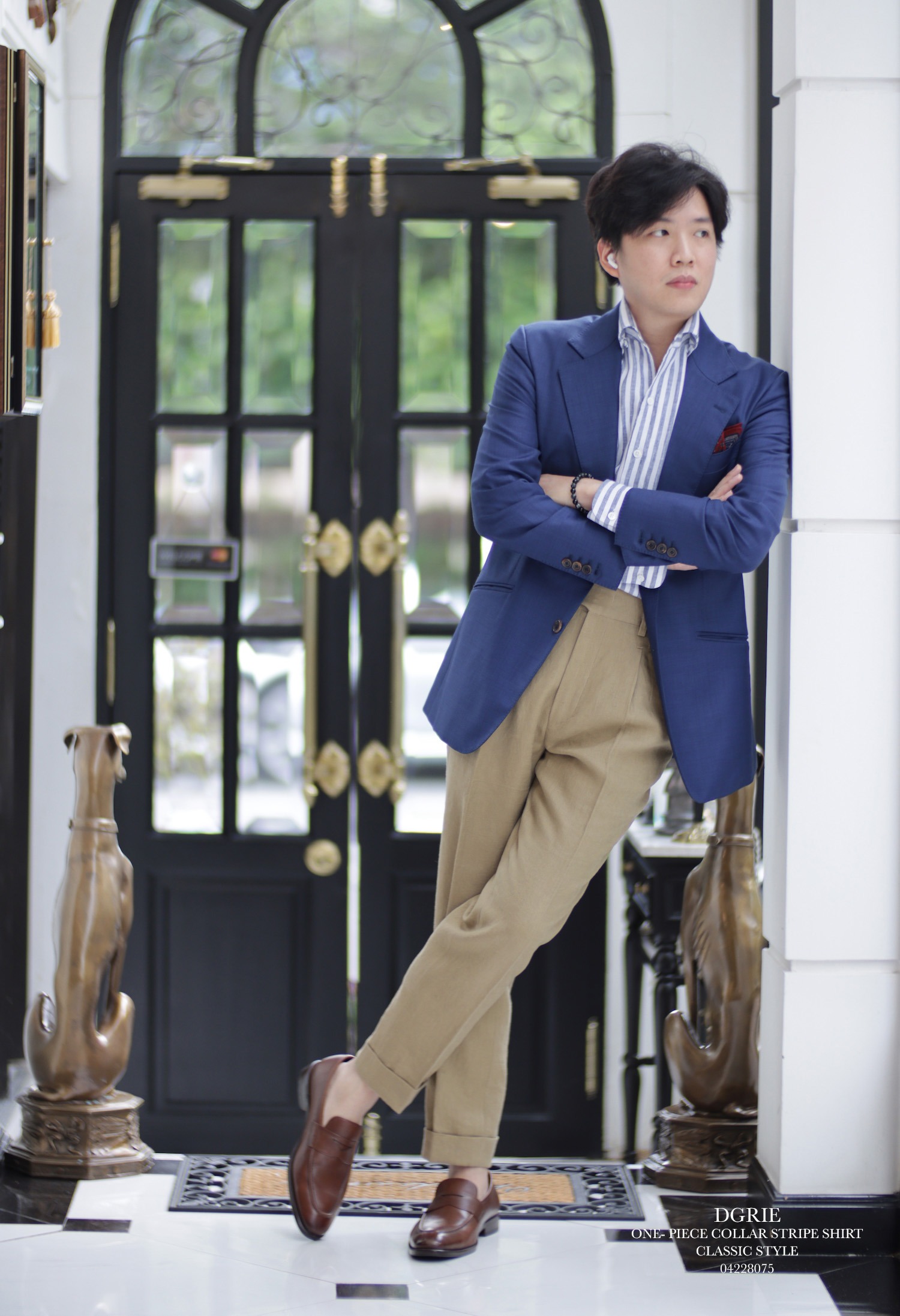 one piece collar linen navy strip shirt dgrie 2