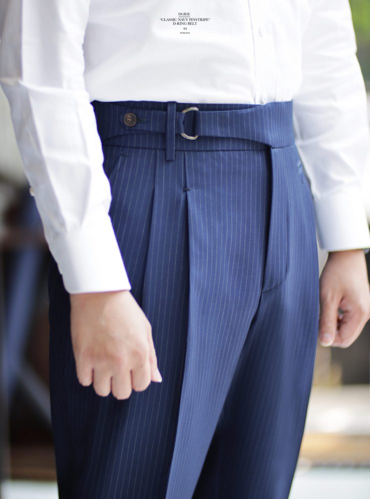 DGRIE PANTS 44 - NAVY STRIPE D-RING ตัดกางเกงวินเทจ สีน้ำเงินลายทาง 8 dgrie pants 44 classic navy stripe d ring dgrie 2
