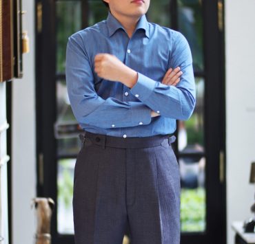 striped blue jacket denim shirt grey pants dgrie