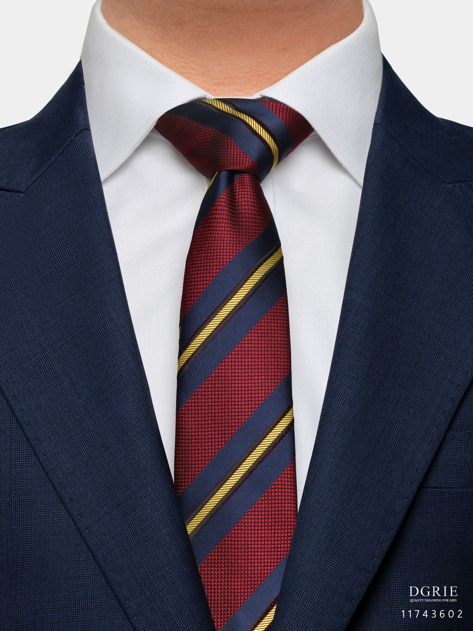 350675976_640082534657502_8517537834581349401_n เนคไท ลายทแยง Red Stripe three tone Navy & Yellow 3 Inch Necktie