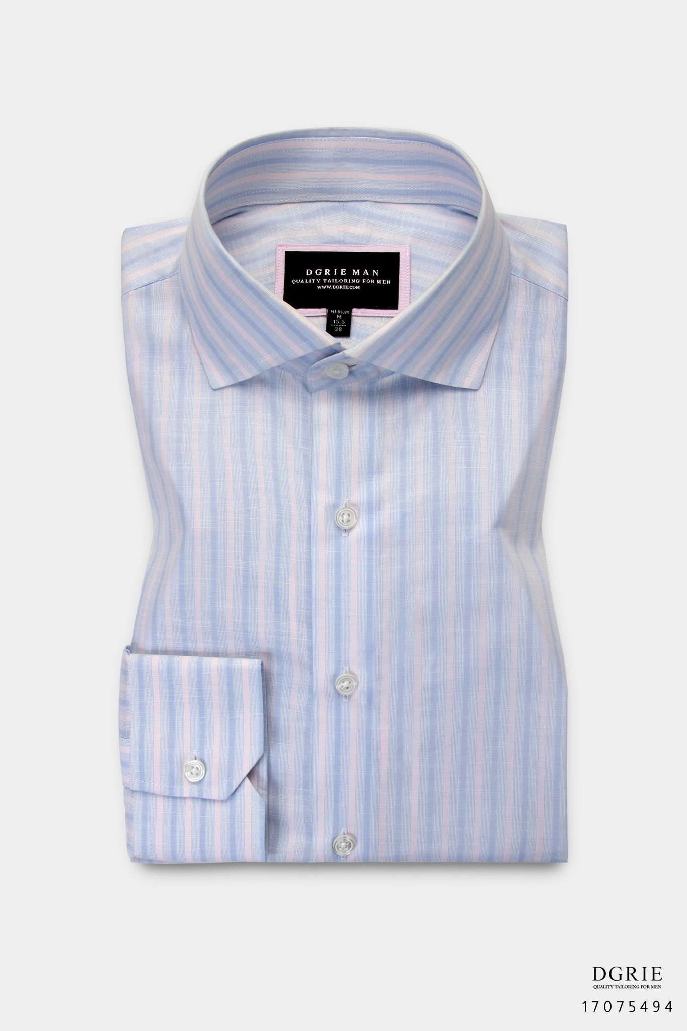 เสื้อเชิ้ตแขนยาว สีฟ้าอ่อนตัดสลับลายขาวชมพู 3 Tone Linen Striped Shirt