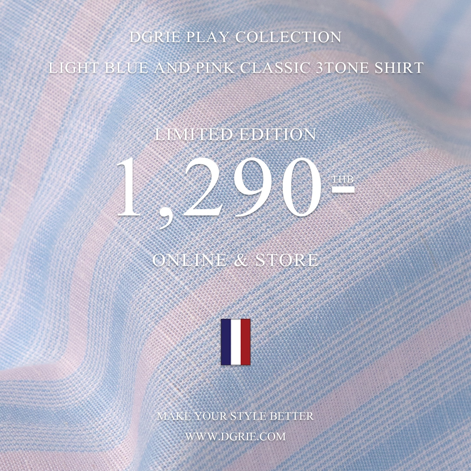 เสื้อเชิ้ตแขนยาว สีฟ้าอ่อนตัดสลับลายขาวชมพู 3 Tone Linen Striped Shirt