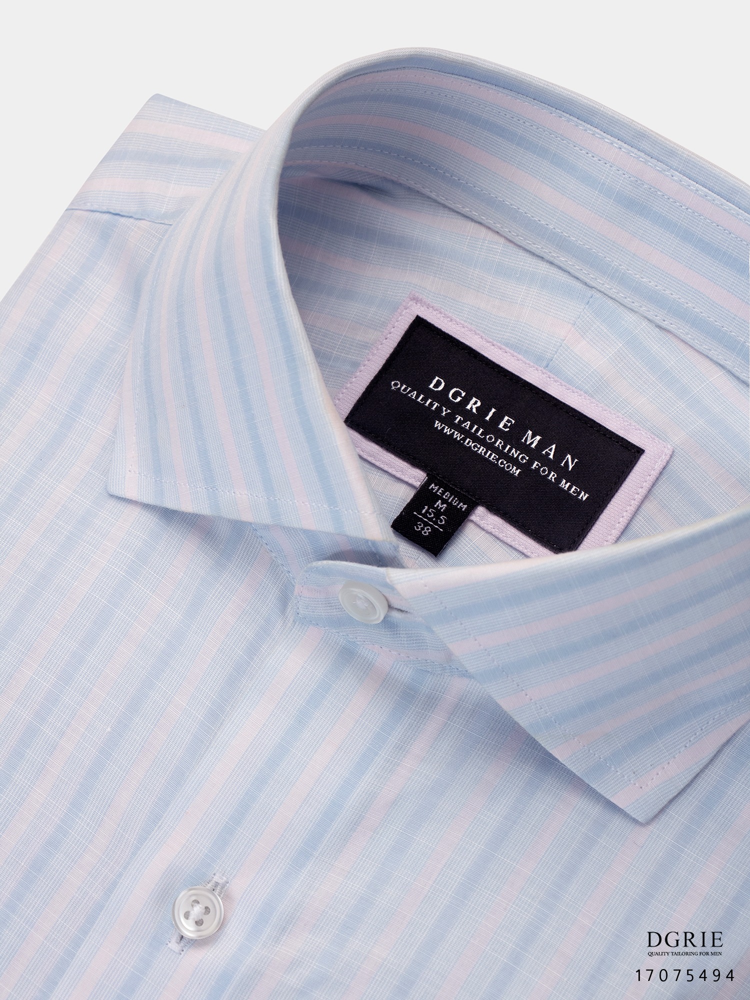 เสื้อเชิ้ตแขนยาว สีฟ้าอ่อนตัดสลับลายขาวชมพู 3 Tone Linen Striped Shirt