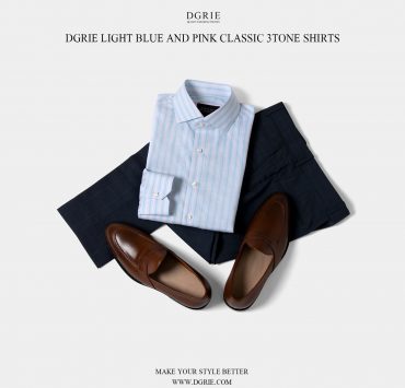 เสื้อเชิ้ตแขนยาว สีฟ้าอ่อนตัดสลับลายขาวชมพู 3 Tone Linen Striped Shirt