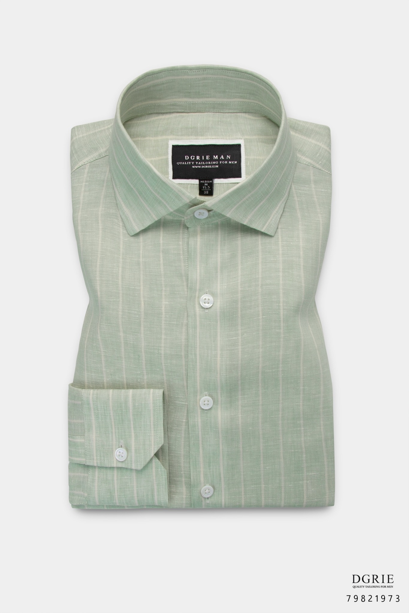 เสื้อเชิ้ตลินินแขนยาว สีเขียว DGRIE Pistachio Green Linen Stripe Shirt