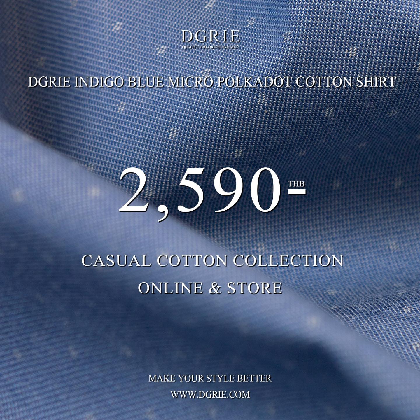 เสื้อเชิ้ตสีฟ้า คอตตอน ลายจุด Indigo Blue Micro Polkadot Shirt