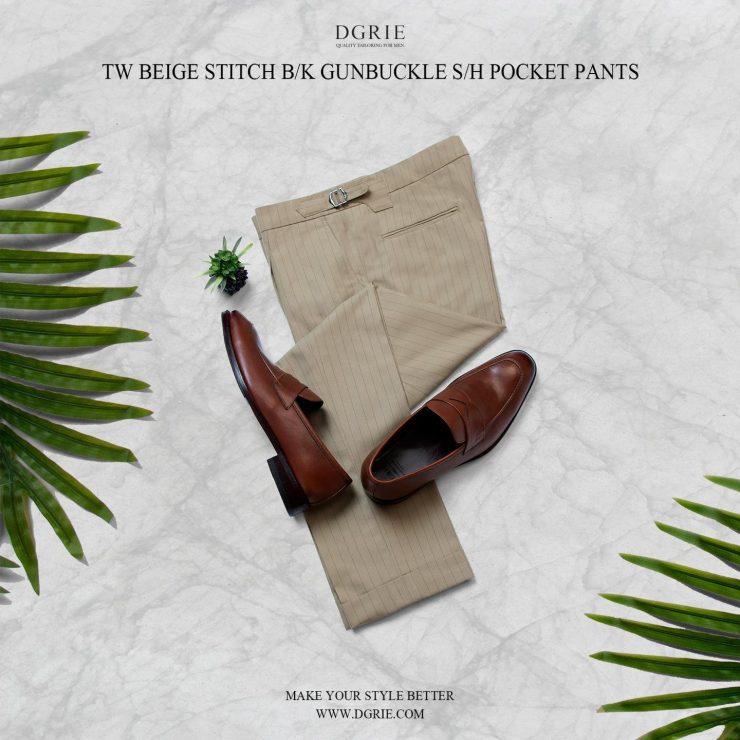 กางเกงลายทาง สีครีม Beige Chalk Stripes Pleated Buckle Pants