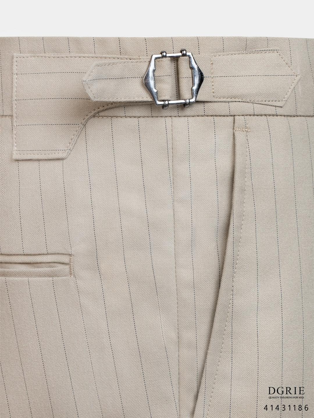 กางเกงลายทาง สีครีม Beige Chalk Stripes Pleated Buckle Pants