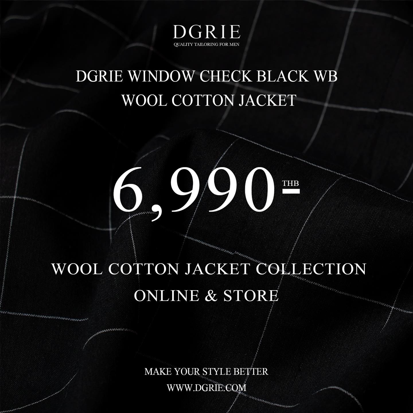 เสื้อสูทสีดำ ตาราง Black W/B Windowpane Wool Cotton Jacket - DGRIE