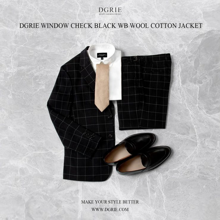 เสื้อสูทสีดำ ตาราง Black W/B Windowpane Wool Cotton Jacket - DGRIE