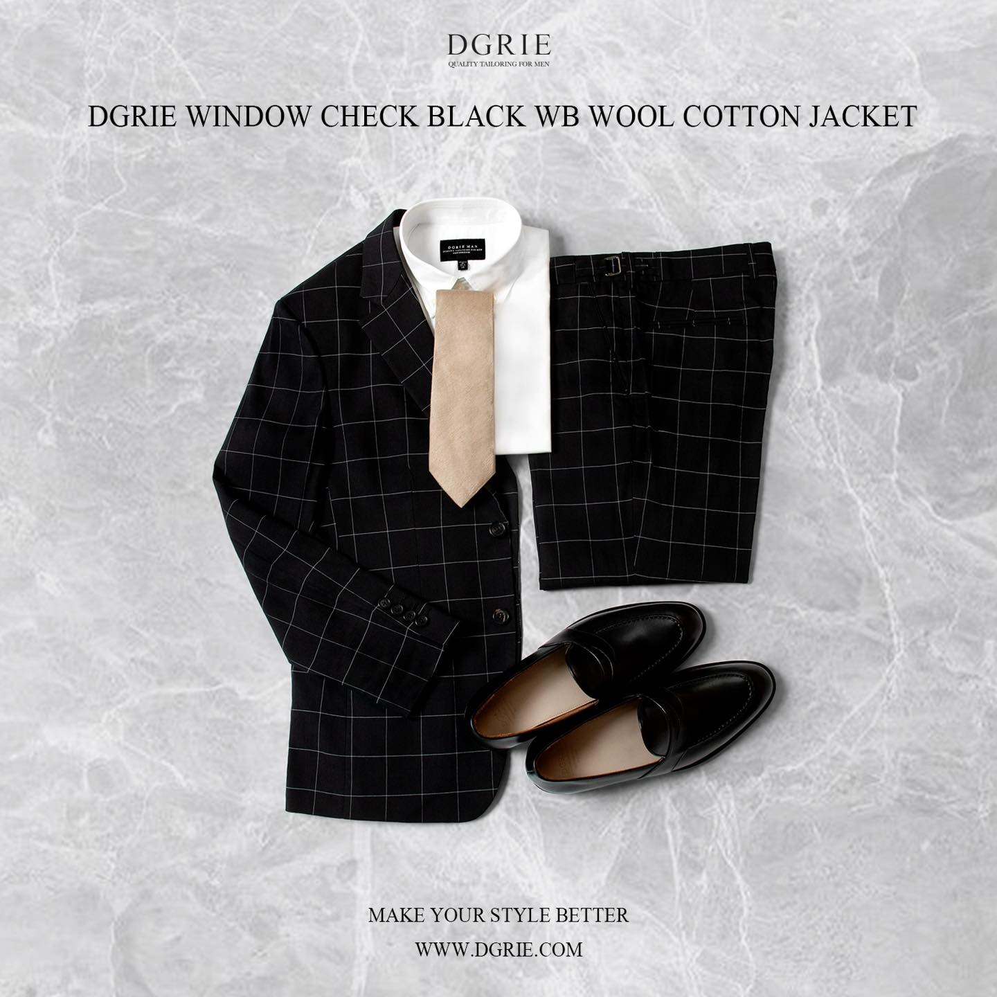 เสื้อสูทสีดำ ตาราง Black W/B Windowpane Wool Cotton Jacket - DGRIE