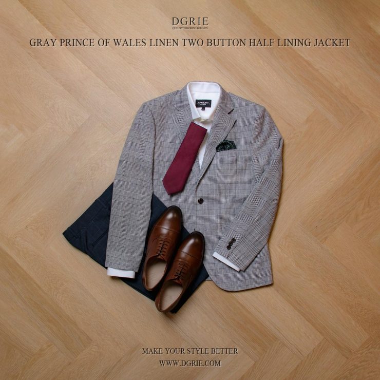 แจ็คเก็ตสูทผ้าลินิน Blue Grey "Prince of Wales Check" Jacket