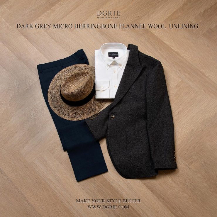 เสื้อสูทวินเทจ ลายก้างปลา Dark Gray Herringbone Flannel - DGRIE