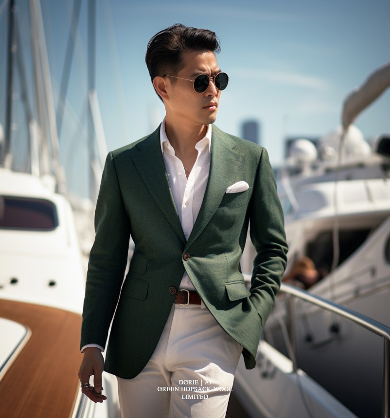 hopsack-dgrie-ai-green เสื้อสูทสีเขียว DGRIE Hopsack Green Notch Lapel Jacket