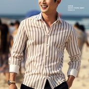 เสื้อเชิ้ตสีครีม ลายทาง Beige Stripes Two Tone Shirt