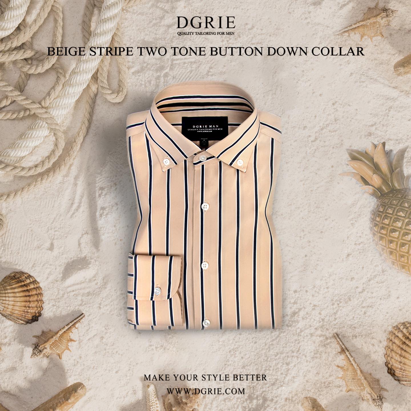 เสื้อเชิ้ตสีครีม ลายทาง Beige Stripes Two Tone Shirt