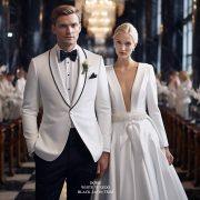 ตัดสูทแต่งงานสีขาว White Shawl Lapel Black Satin Trim Tuxedo