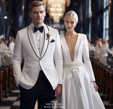 ตัดสูทแต่งงานสีขาว White Shawl Lapel Black Satin Trim Tuxedo
