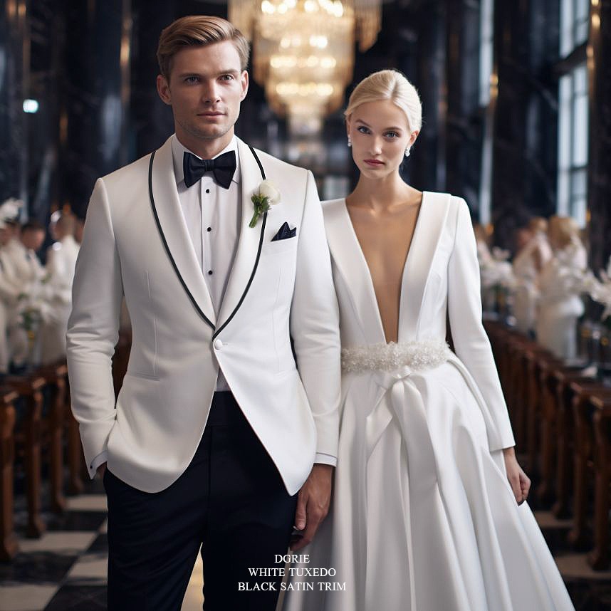 ตัดสูทแต่งงานสีขาว White Shawl Lapel Black Satin Trim Tuxedo