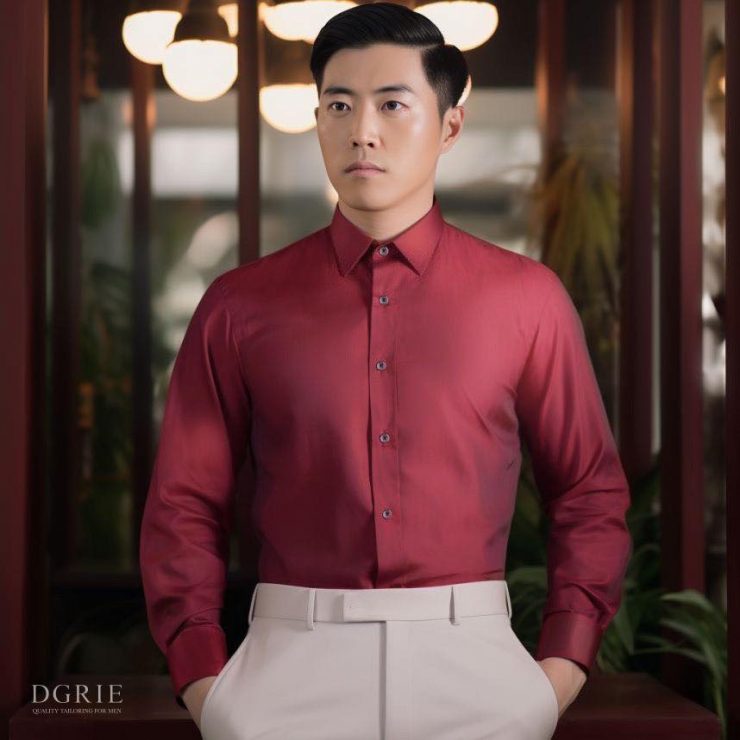 เชิ้ตแขนยาวสีแดงไวน์ ผ้าไม่ยับ ไม่ต้องรีด