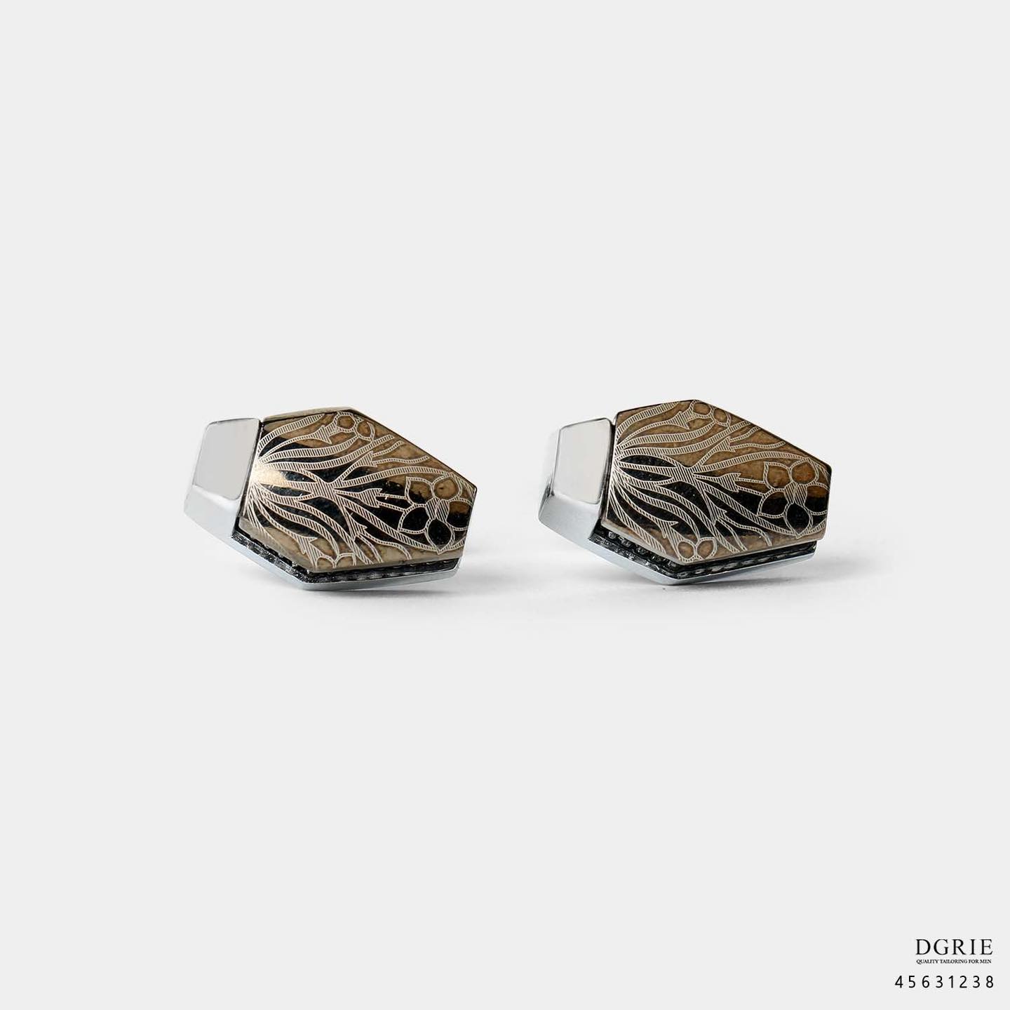 คัฟลิงค์ทรงหกเหลี่ยม DGRIE Vintage Brown Flower Hexagon shape Cufflinks