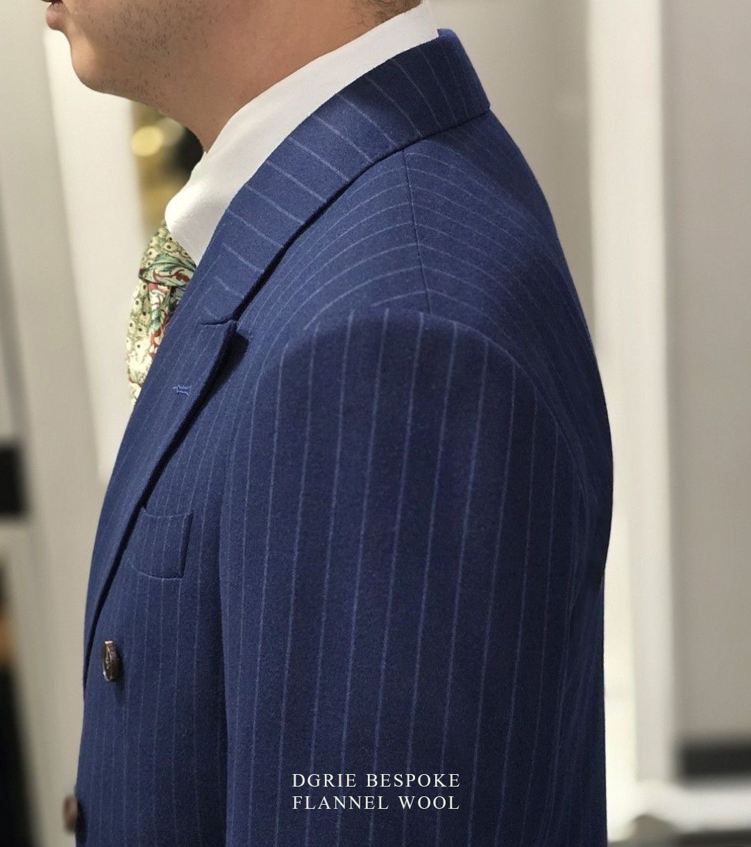 ตัดสูท ผ้าวูลลายทางสีน้ำเงิน England Navy Flannel PinStripe