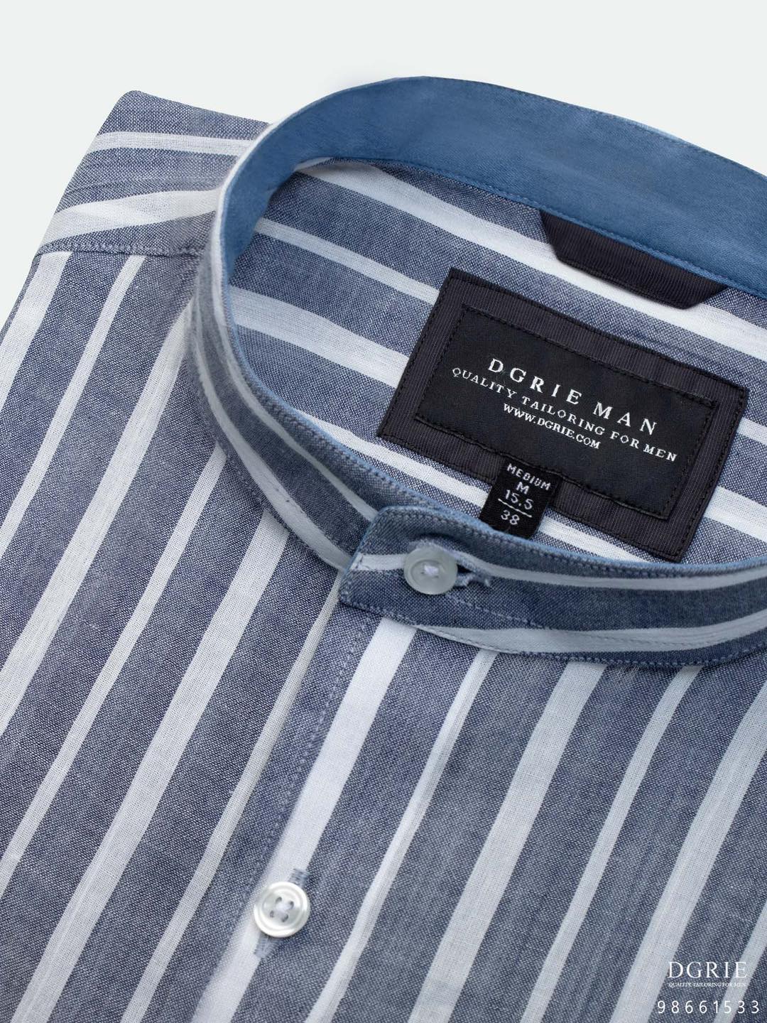 เสื้อเชิ้ต Two Tone Navy White Linen Band Collar - DGRIE