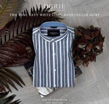 เสื้อเชิ้ต Two Tone Navy White Linen Band Collar - DGRIE