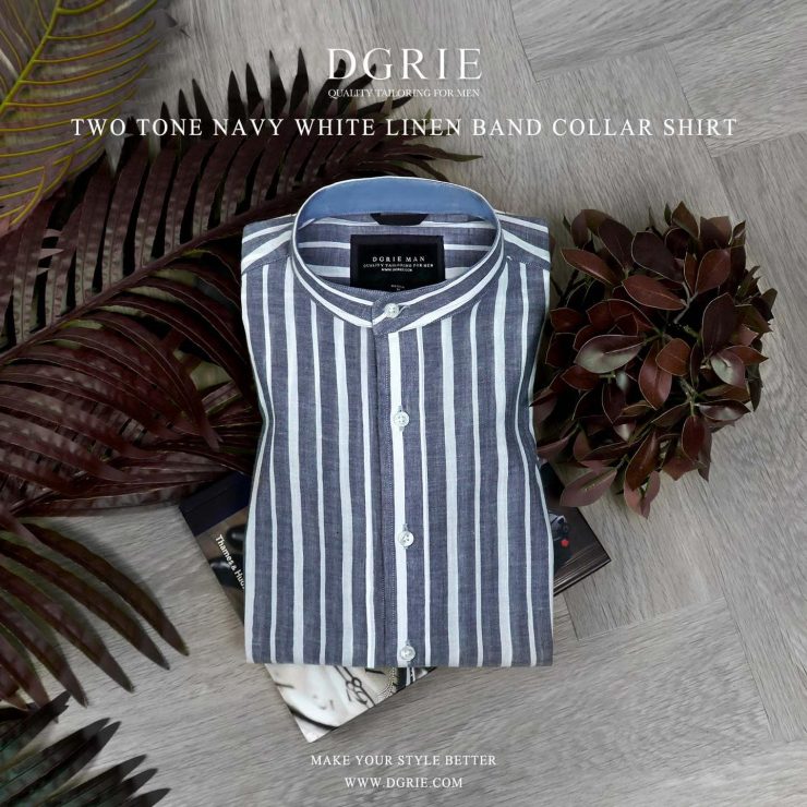 เสื้อเชิ้ต Two Tone Navy White Linen Band Collar - DGRIE