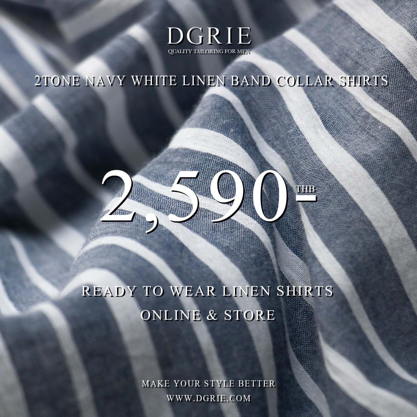 เสื้อเชิ้ต Two Tone Navy White Linen Band Collar - DGRIE