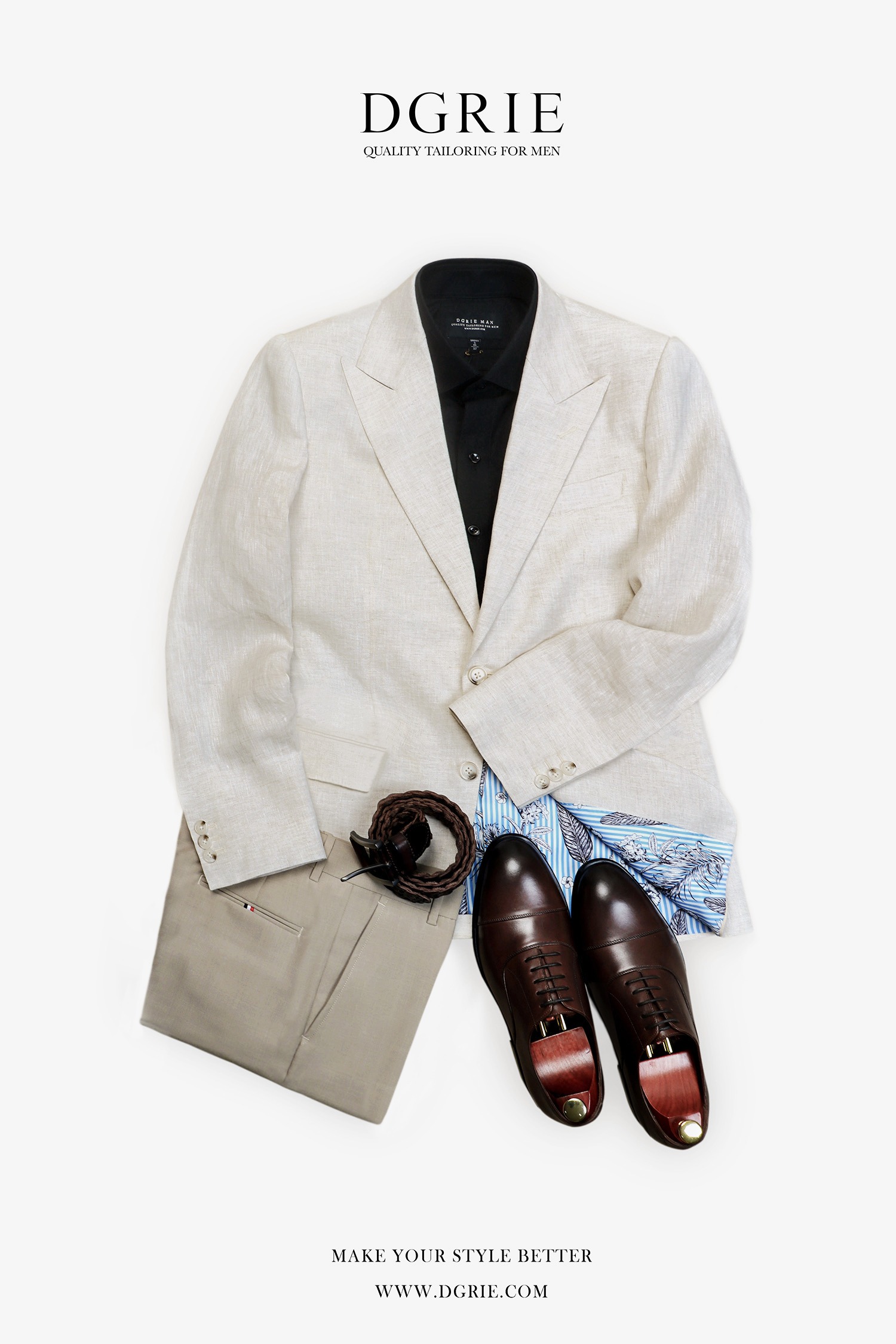 เสื้อสูท ผ้าลินิน สีเบจ - Beige Linen / Blue Flora Stripe Blazer - DGRIE