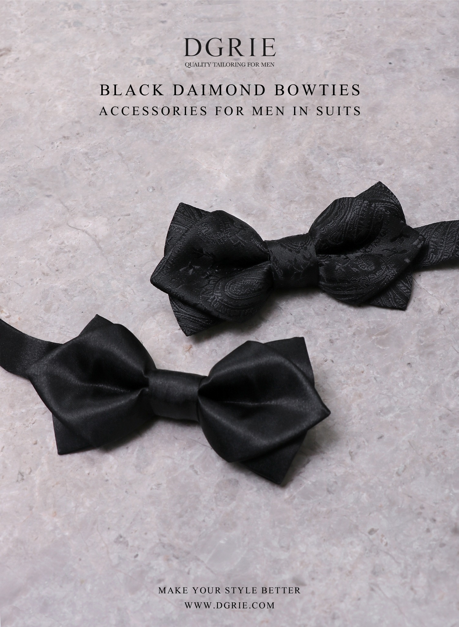 Diamond Point Silk Satin Bow Tie Black | DGRIE