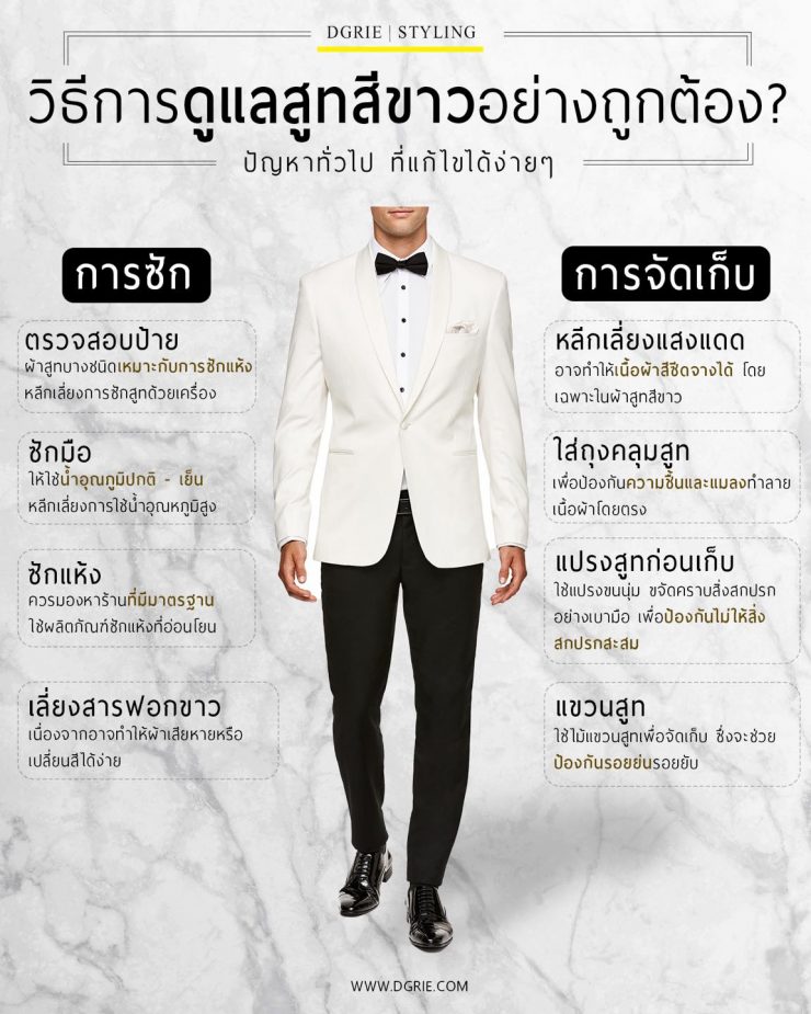 วิธีการดูแลสูทสีขาวอย่างถูกต้อง? How to properly care for a white suit? 1 วิธีการดูแลสูทสีขาวอย่างถูกต้อง? How to properly care for a white suit?