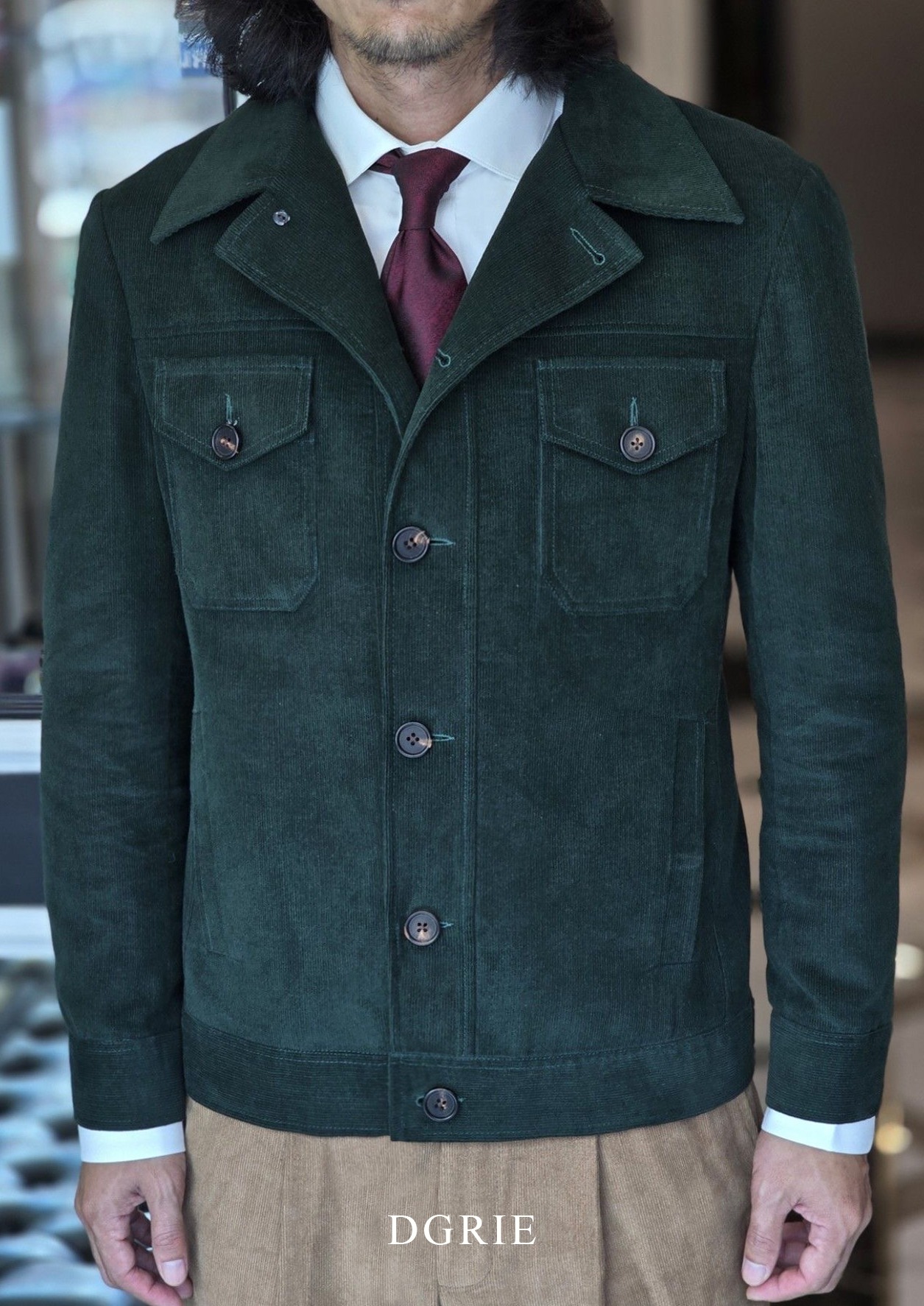 ตัดแจ็คเก็ต ผ้าลูกฟูก สีเขียว GREEN CORDUROY Short Jacket