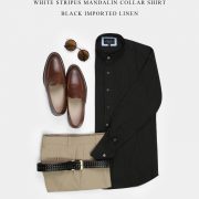 เชิ้ตลินินสีดำคอจีน White Stripe Linen Mandalin Collar Shirt 3 เชิ้ตลินินสีดำคอจีน White Stripe Linen Mandalin Collar Shirt