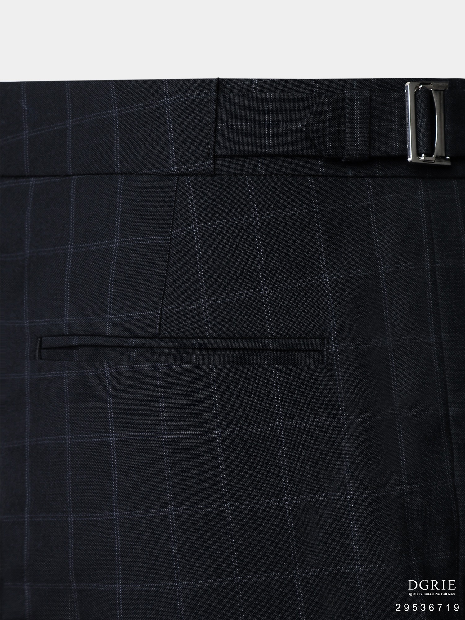 กางเกงวินเทจทรงเข้ารูป Window Check Navy Blue Buckel Pants