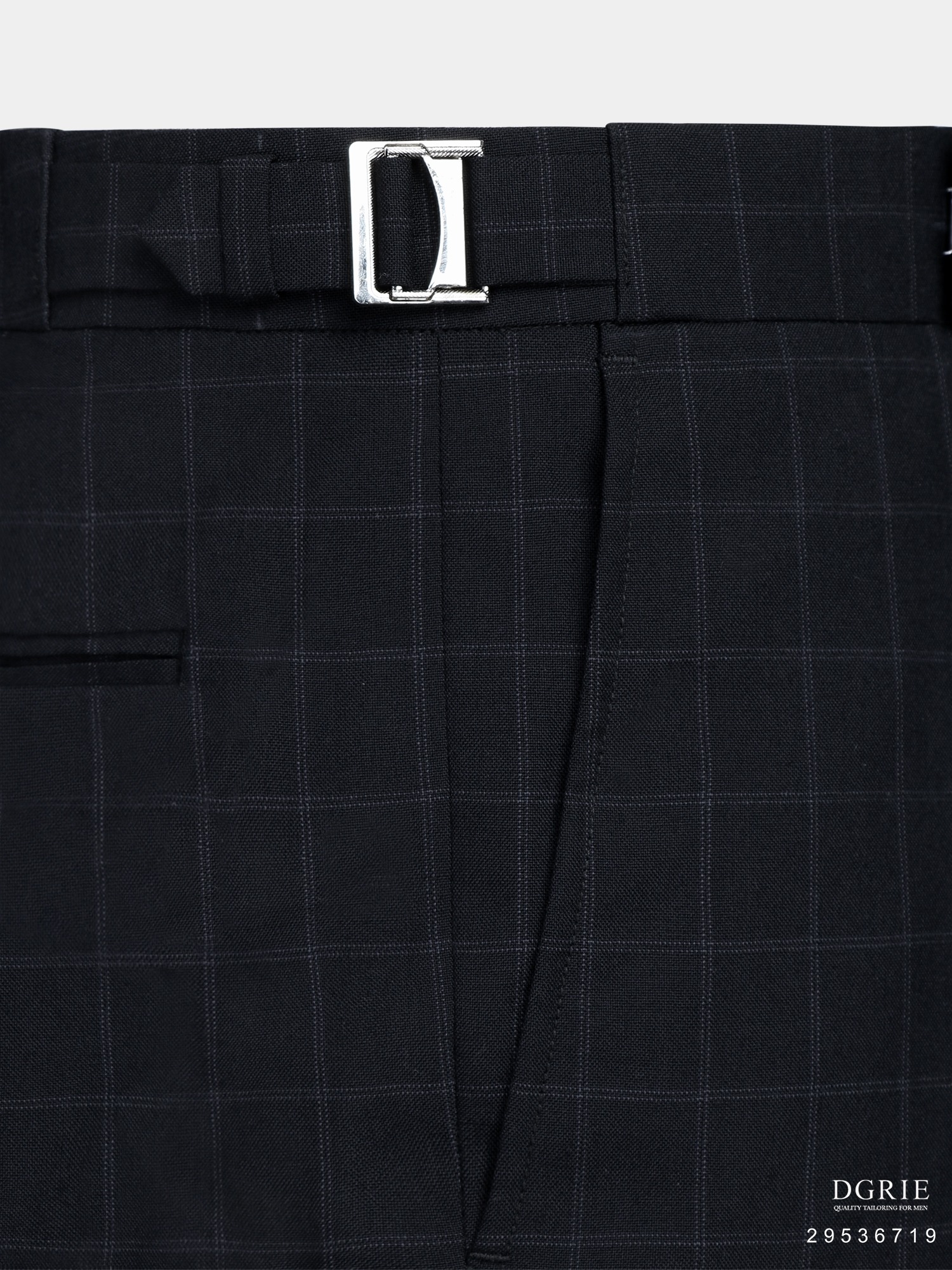 กางเกงวินเทจทรงเข้ารูป Window Check Navy Blue Buckel Pants