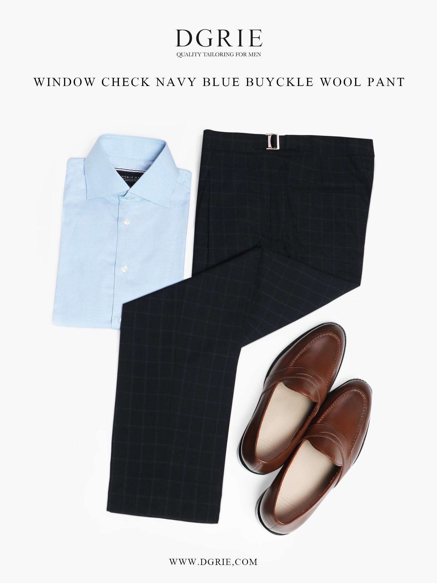 IMG_5889 กางเกงวินเทจทรงเข้ารูป Window Check Navy Blue Buckel Pants