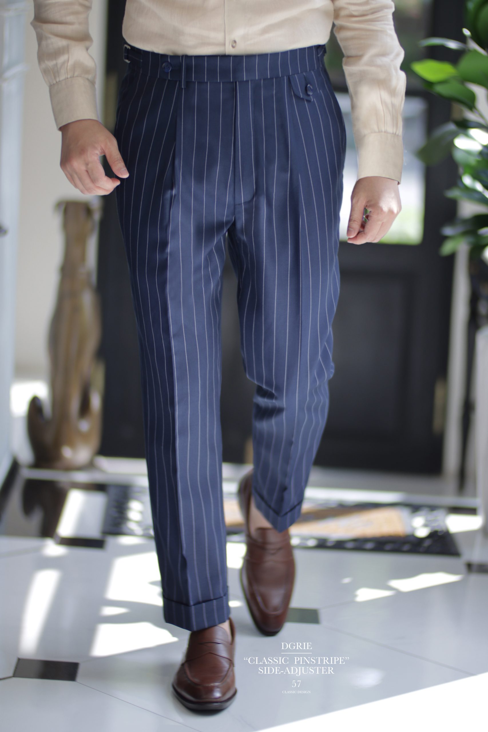 DGRIE PANTS 57 – กางเกงวินเทจ ลายทาง CLASSIC NAVY PIN STRIPE PANTS