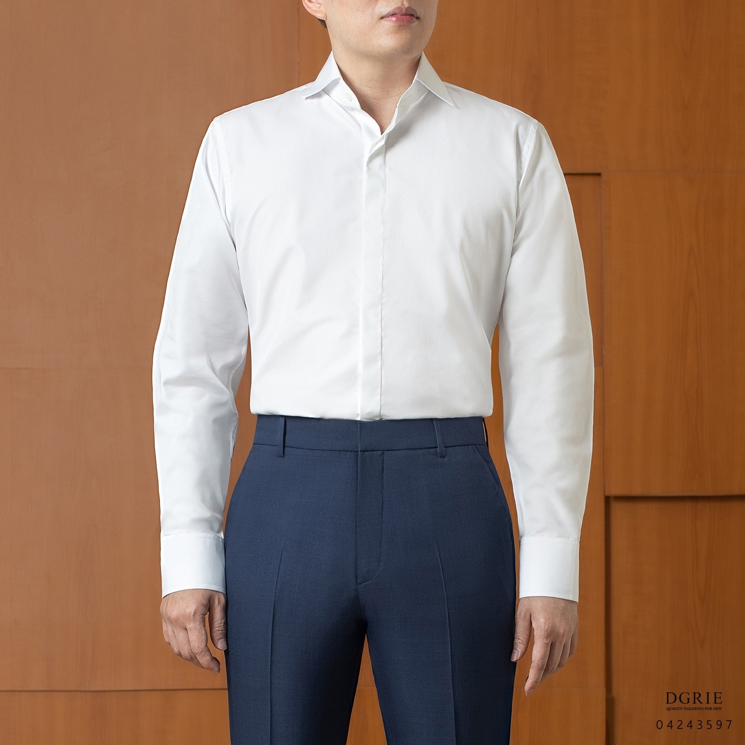 DGRIE Cotton Twill Spread Collar 8cm White Hidden Button Shirt