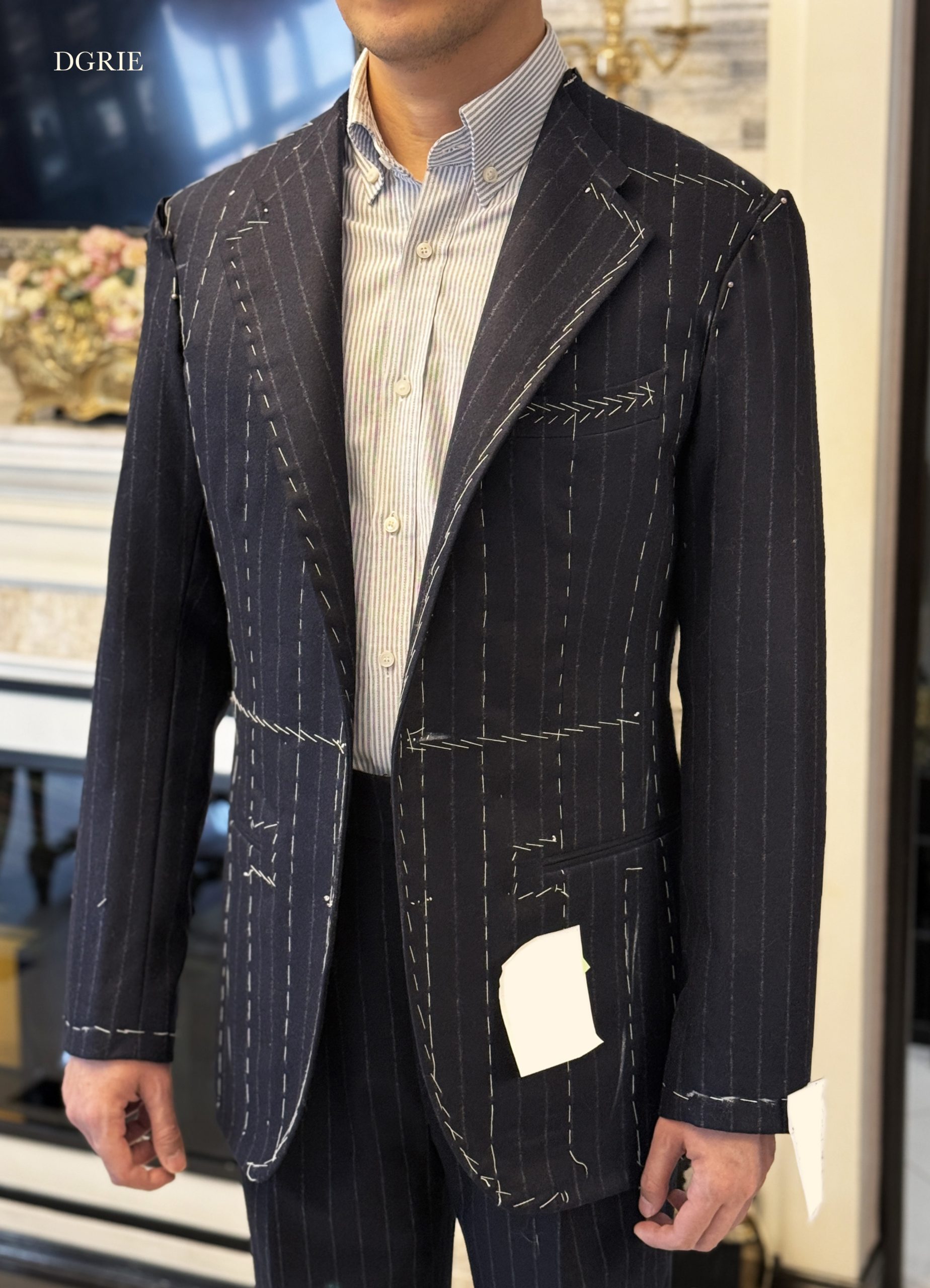 DGRIE ITALY NAVY CHALK STRIPE FLANNEL SUITS + OVERCOAT