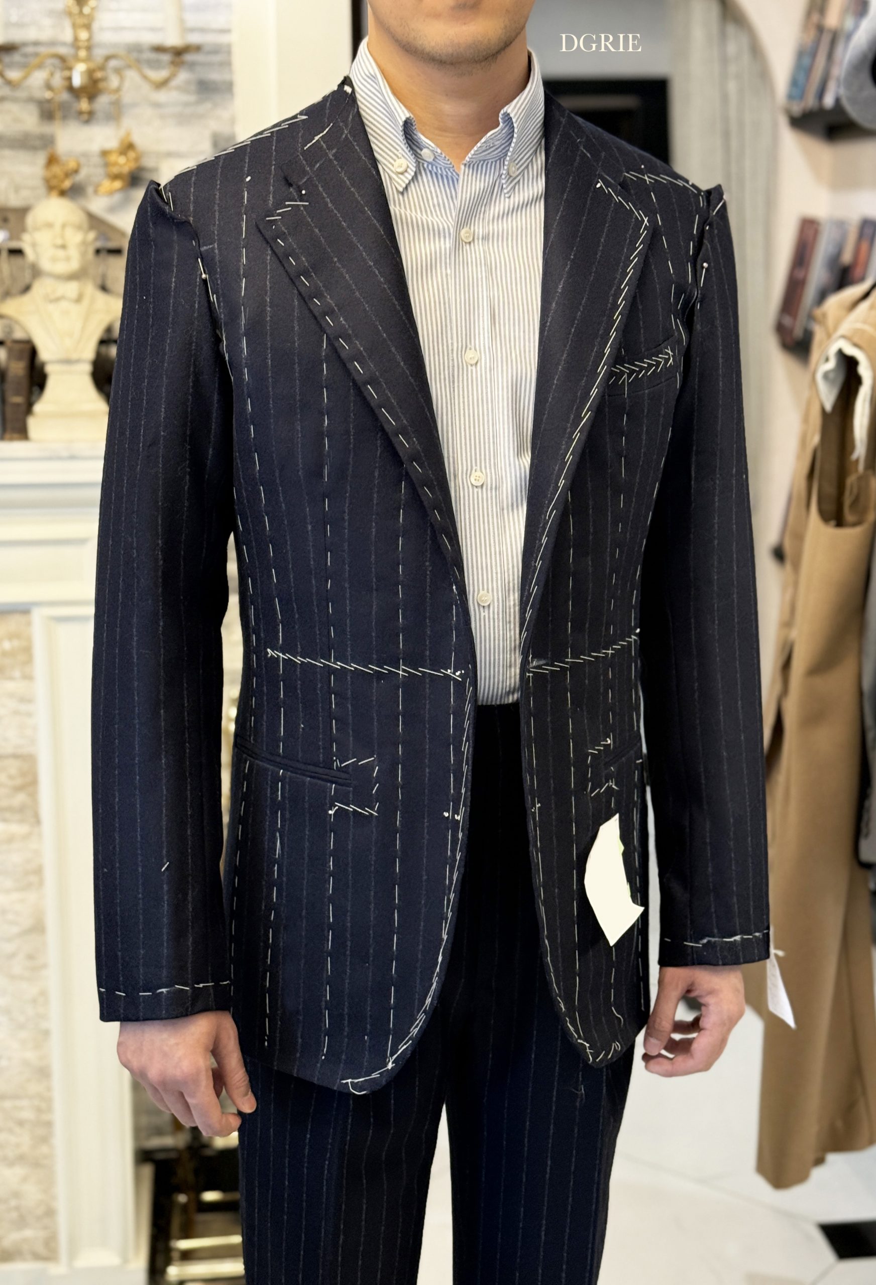 DGRIE ITALY NAVY CHALK STRIPE FLANNEL SUITS + OVERCOAT