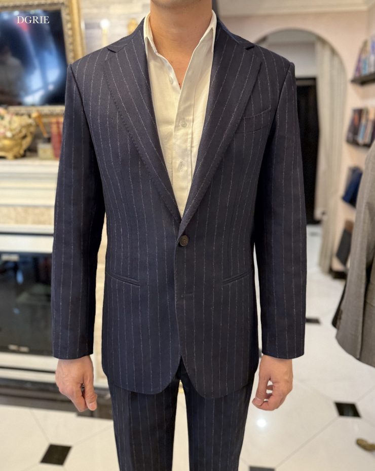DGRIE ITALY NAVY CHALK STRIPE FLANNEL SUITS + OVERCOAT