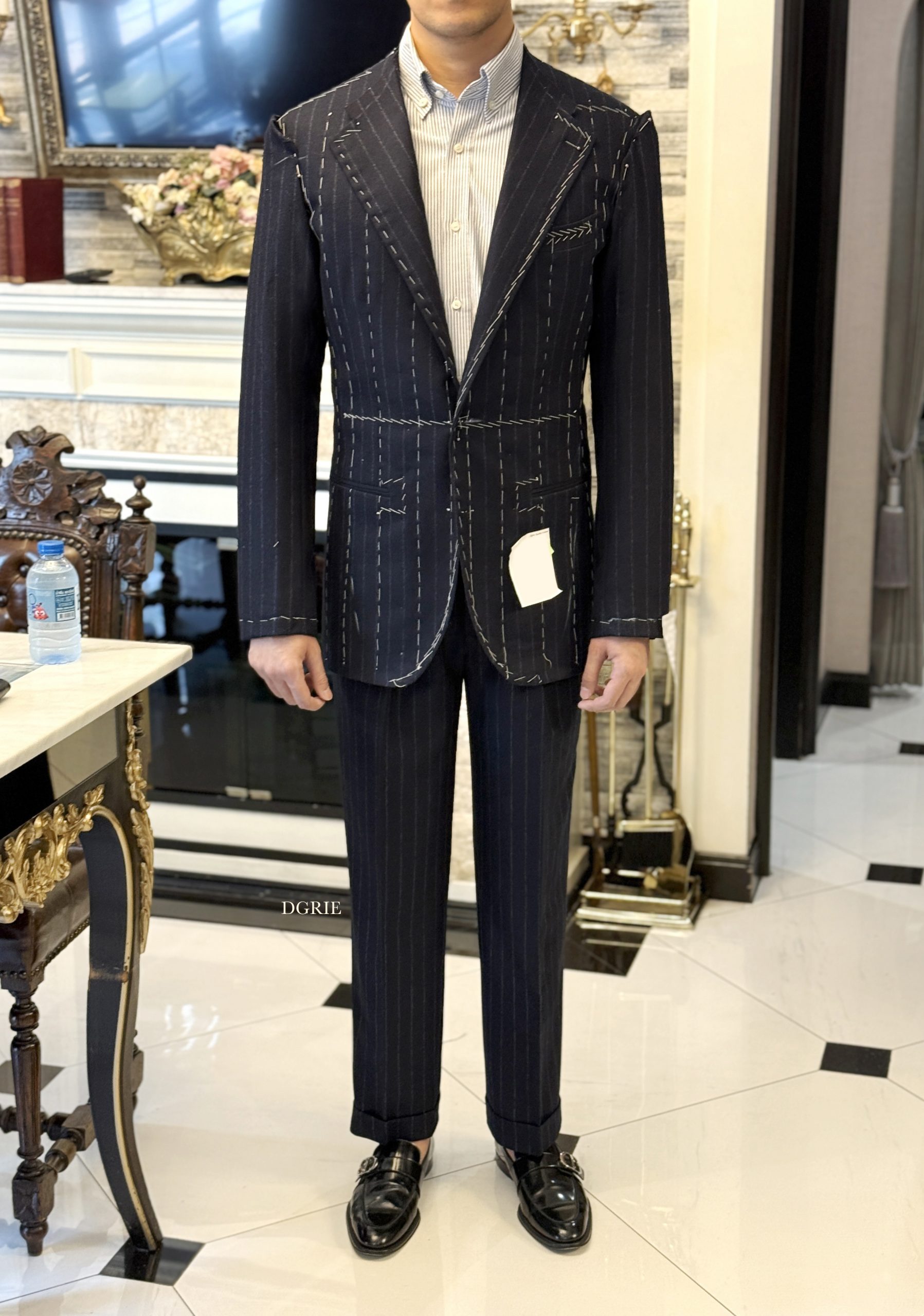 DGRIE ITALY NAVY CHALK STRIPE FLANNEL SUITS + OVERCOAT