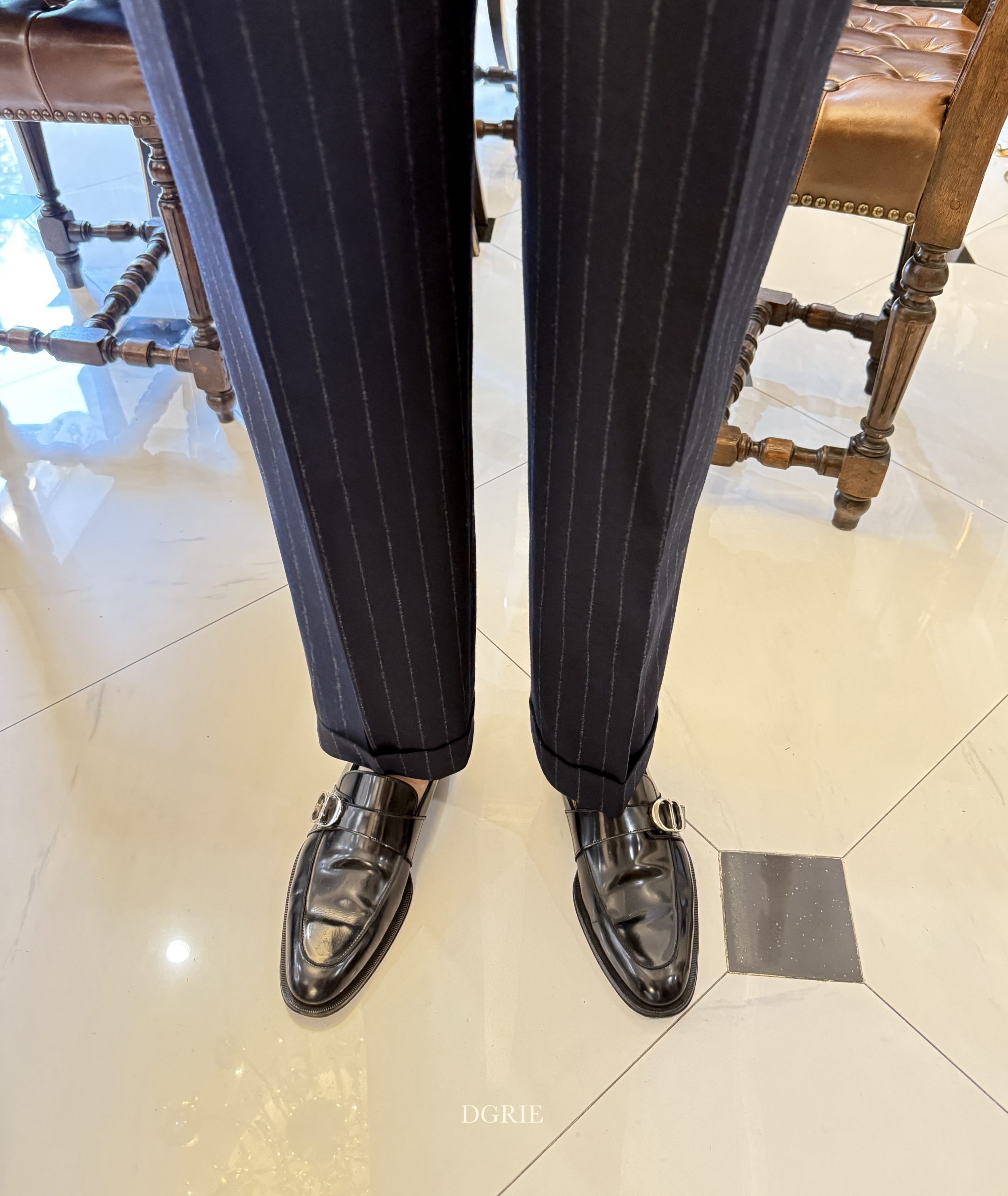 DGRIE ITALY NAVY CHALK STRIPE FLANNEL SUITS + OVERCOAT
