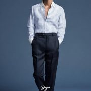 เสื้อเชิ้ตลินิน Casual Linen Navy Two Tone White Collar Shirts