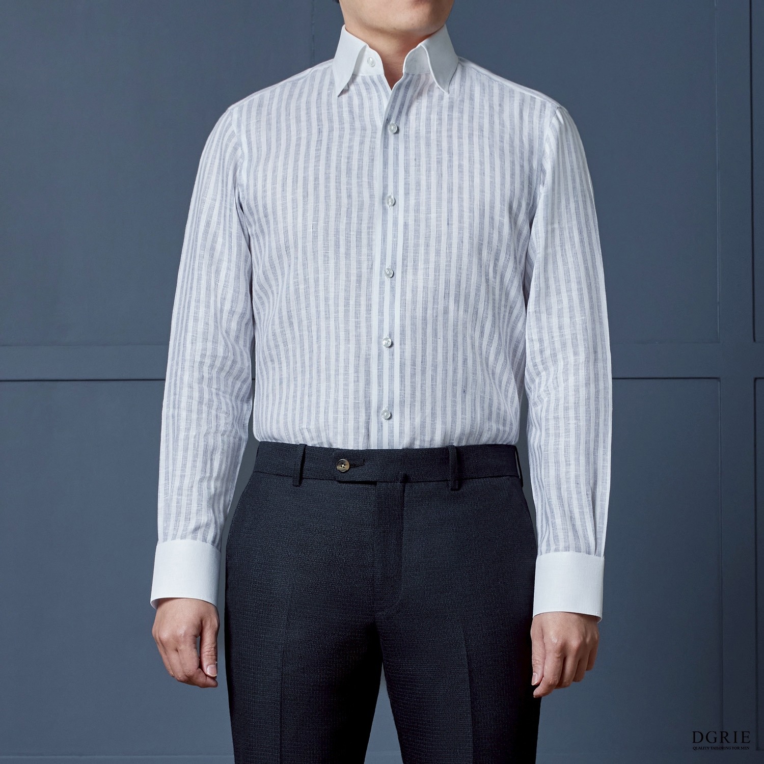 เสื้อเชิ้ตลินิน Casual Linen Navy Two Tone White Collar Shirts