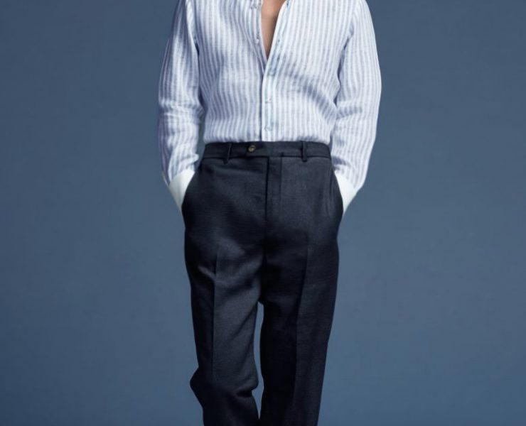 เสื้อเชิ้ตลินิน Casual Linen Navy Two Tone White Collar Shirts